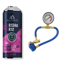 Komplet Alpino gaz do klimatyzacji 4w1 R134a/R12 (Alpino gaz+olej+uszczelniacz+UV) + manometr Komplet Alpino gaz do klimatyzacji 4w1 R134a/R12 (Alpino gaz+olej+uszczelniacz+UV) + manometr